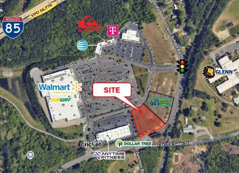 Aerial context of the 1.37 acre retail site on Glenn School Rd, Durham
